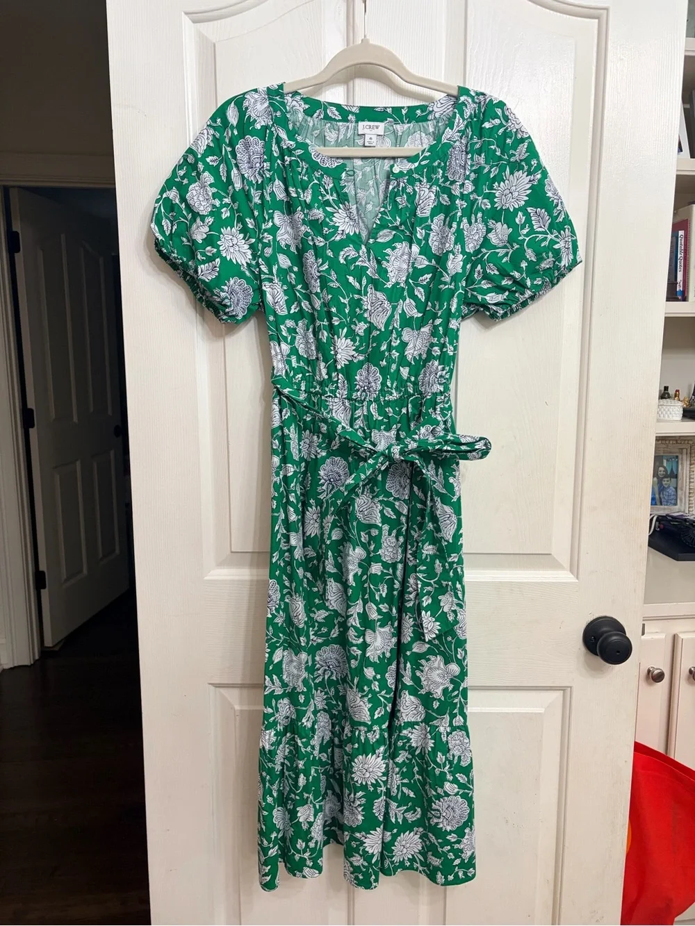 J. Crew Green Floral Wrap Midi Dress with Puff Sleeves